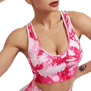 Women Yoga Set Tie Dye Pink White High Waist <b>Leggings</b> Square Neck Non-Convertible Straps <b>Crop</b> Top 2 Piece Spandex Polyester - Product Image 5