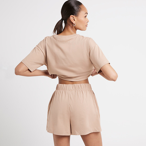 Conjunto de 2 Piezas para Mujer, Top Corto con Capucha y Pantalones Cortos de Algodón Tejido, Color Sólido, Transpirable, Informal, para Primavera/Verano - Product Image 5