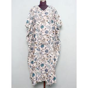 Robe mini kafthan indienne faite à la main, écologique, 100% coton, col en V, imprimé floral, épaules dénudées, fluide, pour femmes - Product Image 1