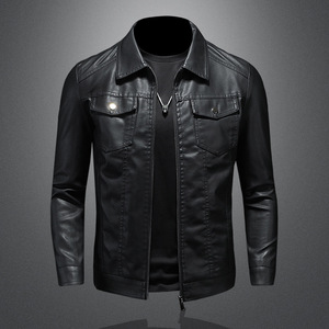 Chaqueta de Cuero para Motocicleta para Hombre, Talla Grande, con Bolsillos, Cierre Negro, Solapa, Corte Ajustado, Primavera/Otoño, PU de Alta Calidad, M-5XL - Product Image 1