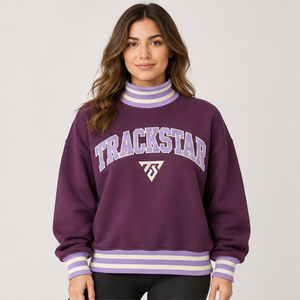 Sudadera de cuello alto para mujer, color ciruela, con ribete a rayas blancas, letras estilo universitario, manga larga, logotipo personalizado - Product Image 2