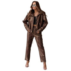 Conjunto Deportivo de Mujer en Cuero Sintético Marrón, Pantalones con Cordón Ajustable, Manga Larga, Color Sólido, Ligero, Otoño - Product Image 1
