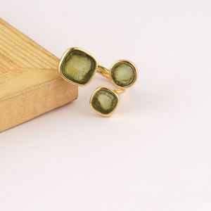 Natural raw moldavite triple gemstone <b>crystal</b> <b>ring</b> gold plated brass round cushion stone boho spiritual energy statement <b>ring</b> - Product Image 2