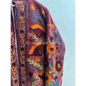 <b>Women</b> Hand Embroidered <b>Velvet</b> Jacket Stand Collar Floral Suzani Style <b>Coat</b> - Product Image 5