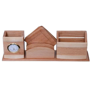 Support à stylos en bois naturel avec horloge, support de rangement portable pour papeterie, pour bureau, support à stylos de luxe - Product Image 5