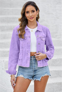 Veste en jean violette pour femme, boutonnée, effet vieilli, en coton, coupe décontractée, printemps automne hiver, style vintage, respirante - Product Image 5
