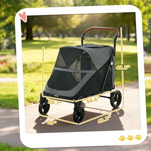 Passeggino per Cani di Taglia Grande (fino a 30 kg) con Maniglia Regolabile in 8 Posizioni, Grigio, con Sospensioni a Molla e Pulsante in Alluminio - Product Image 2
