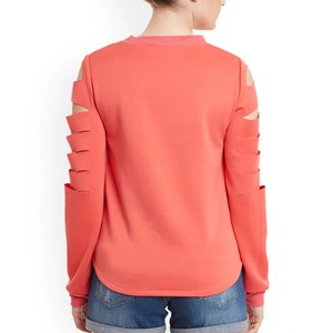 เสื้อสเวตเชิ้ตผู้หญิงสีชมพูคอรัล แขนตัดแต่งแบบ Ladder Cut  คอวีแต่งริป  คอริบตัดต่อ  ผ้าฝ้าย 100%  โลโก้ด้านหน้า  OEM - Product Image 3