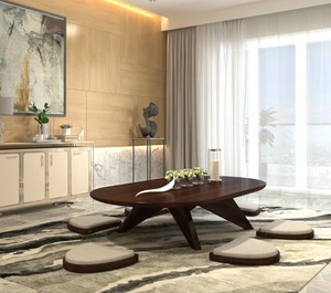 Ensemble de salle à manger rustique japonais en bois de style Mid-Century Modern, 7 pièces, chaises rembourrées à dossier bas, table rectangulaire pour la maison - Product Image 1