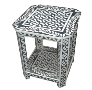 Taburete/mesa auxiliar cilíndrico de jardín con incrustaciones de hueso verde y adornado con intrincados motivos florales de damasco blanco. - Product Image 3