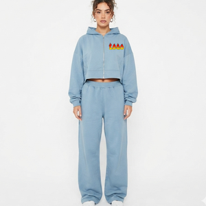 Women's Light <b>Blue</b> Hooded <b>Cropped</b> Sweatshirt and Joggers Set with Embroidered Logo Casual Fleece Two-Piece Outfit Tracksuit - Product Image 1
