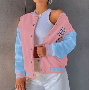 Veste universitaire rose et bleue à blocs de couleur, style décontracté unisexe, col rabattu, manches régulières, fermeture éclair, pour l'automne - Product Image 4