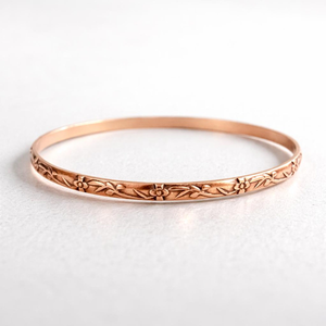 Floral <b>Engraved</b> Copper <b>Bangle</b> Thin Stacking Bracelet Boho Hippie Botanical Band Handmade Artisan Jewelry Everyday Wear Women's - Product Image 1