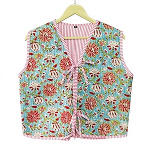 Chaleco acolchado de algodón para mujer, chaleco sin mangas con estampado floral, ropa ligera informal con cuello en V - Product Image 2