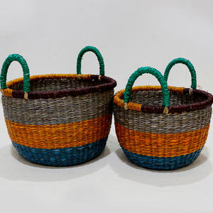 Panier de rangement en rotin tissé à la main coloré avec poignées vertes, forme de bol multi-usages - Product Image 4
