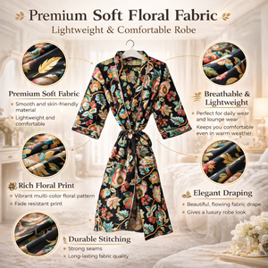 Robe kimono florale Kalamkari noire de luxe pour femmes |   Robe de chambre courte en coton avec poches |   Ensemble de vêtements de nuit à manches longues et col en V - Product Image 5