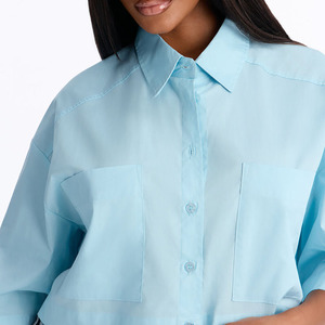 Camisa de Verano para Mujer, Fabricada en Fábrica, Color Azul Claro, Corte Recortado, Botones, Manga Corta, Popelina Lisa, Blusa Casual, Corte Holgado - Product Image 3