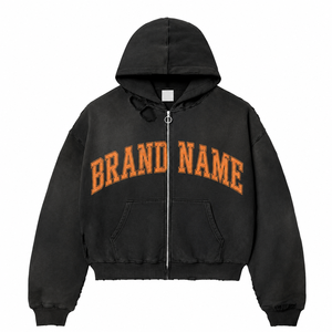 Sweat-shirt unisexe à capuche zippé, coupe oversize, en coton tricoté, style streetwear, avec logo imprimé sur le devant, effet délavé soleil, fabriqué en usine - Product Image 4