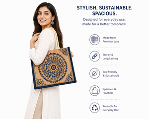 Sac fourre-tout en jute imprimé mandala, écologique, réutilisable, sac de courses, design ethnique indien, logo personnalisé, sac de transport - Product Image 2