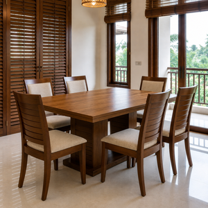 Ensemble de table à manger en teck massif moderne avec chaises en bois rembourrées pour la maison, l'hôtel, la villa, le restaurant - Product Image 1