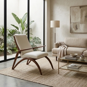 Fauteuil sculptural en bois massif de style Mid-Century Modern, fauteuil d'appoint rembourré, mobilier de luxe en teck pour salon. - Product Image 2