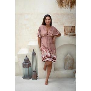 Robe bohème pour femmes, col en V, brodée, coupe ample, manches courtes, décontractée, mini-robe d'été pour la plage - Product Image 1
