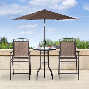 Set da Bar da Esterno in Vimini Marrone a 6 Pezzi con Ombrellone Inclinabile Regolabile e Sedie Pieghevoli da Bistrò per Giardino - Product Image 2