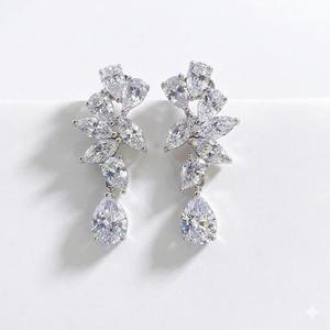 Vintage 925 Sterling <b>Silver</b> Lab Grown Diamond Teardrop Dangle <b>Earrings</b> 14K Gold Marquise Cluster Floral Bridal Wedding <b>Earrings</b> - Product Image 3