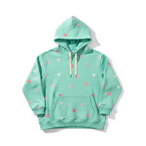 Sweat-shirt à capuche unisexe décontracté vert menthe à imprimé cœur, coupe classique, idéal pour le printemps - Product Image 1