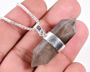 Pendentif crayon en argent sterling 925 avec quartz fumé et chaîne |   Collier en cristal de quartz fumé naturel |   Bijoux en pierres précieuses en gros - Product Image 3