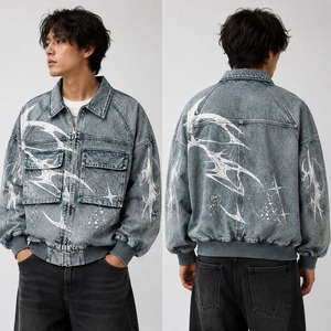 <b>Custom</b> Blue <b>Denim</b> Acid Wash <b>Jacket</b> With Abstract White Print And Chest Flap Pockets Ribbed Cuffs And Zip Closure For Unisex Wear - Product Image 4