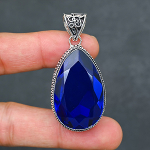 Magnifique pendentif en topaze bleue synthétique, très demandé, en argent sterling 925, serti à la main, style bohème, pièce maîtresse - Product Image 2