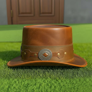 Diseña tu propio sombrero de cuero marrón hecho a mano, unisex, estilo Steampunk, tipo vaquero, con conchos plateados. - Product Image 3