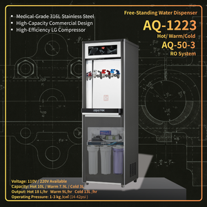 Dispensador de Agua Independiente AQUATEK AQ-1223, Agua Caliente, Templada y Fría, 110V 220V, Sistema de Ósmosis Inversa Comercial, Acero Inoxidable - Product Image 1