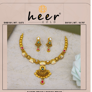 Traditional indian gold necklace set with temple design red green <b>stones</b> handcrafted bridal jewelry elegant festive wear style - Product Image 2