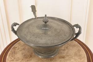 Antique Metal Soup Tureen with Ladle – Signed Steel Serving Bowl – Unique Vintage <b>Kitchen</b> Decor - Product Image 1