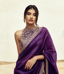 Sari de Rayón Georgette Bordado, Reversible, Antiarrugas, de Secado Rápido, para Fiestas de Otoño al Estilo Bollywood - Product Image 1