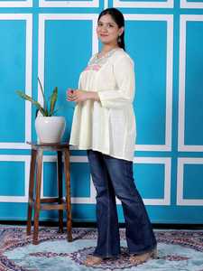 Haut ample en organza brodé floral pour femme, tunique décontractée ethnique à col en V et manches longues pour le quotidien - Product Image 2