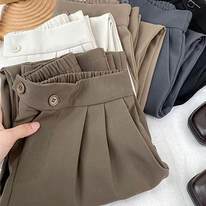 Pantalon large plissé taille haute pour femme, coupe ample, longueur cheville, couleur unie, style décontracté automne, en crêpe, fermeture boutonnée - Product Image 3