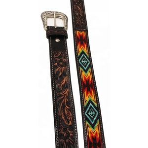 Cowhide 100% Genuine Leather <b>Western</b> Beaded Cowboy <b>Belt</b> Alloy Buckle Hand Carved Design Custom Size Logo Top Rodeo International - Product Image 2