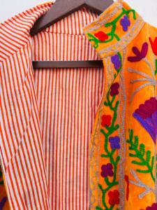 Veste bohème en velours brodé 100% coton, col mandarin, manches longues, motif floral, coupe ample, toutes saisons, broderie à la main - Product Image 5