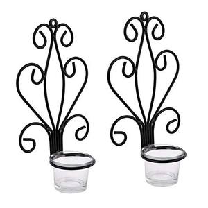 ชุดเชิงเทียนติดผนังโลหะสีดำสไตล์วินเทจ ดีไซน์ลายเส้นหรูหรา พร้อมที่ใส่เทียนแก้ว ให้บรรยากาศอบอุ่น ตกแต่งบ้านอย่างมีสไตล์ - Product Image 2