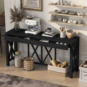 U_Style 60 Modern Crisscross Design Console Table 4 Spacious Drawers Acacia Veneer Material <b>Open</b> Bottom <b>Storage</b> Entryway - Product Image 1