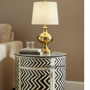 Modern Eco-Friendly <b>Black</b> Chevron Bone Inlay Drum <b>Side</b> <b>Table</b> Artisan Handmade Bedroom Furniture Living Room Accent <b>Table</b> - Product Image 2