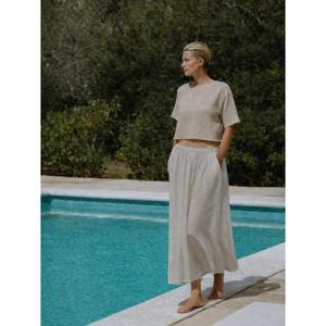 Conjunto de dos piezas blanco: Top corto con falda midi de abertura alta, atuendo minimalista de verano, vestido casual de lino de ajuste holgado para mujer - Product Image 2
