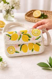Handmade Washable Rectangular <b>Canvas</b> Handbag with Embroidered Lemon and Flower Design - Product Image 6