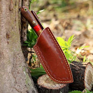 มีดเหล็กดามัสกัสทำมือ ใบมีดแบบ Fixed Blade พร้อมปลอกหนัง EDC ด้ามจับไม้พะยูง สำหรับล่าสัตว์ ปอกหนัง ตั้งแคมป์  รับผลิตตามแบบ OEM/ODM - Product Image 6