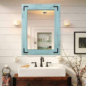Rustic Distressed Blue Wooden Wall <b>Mirror</b> with Metal <b>Corner</b> <b>Brackets</b> Farmhouse Vintage Home Decor - Product Image 4