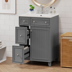 Mobile Bagno Grigio da 24 Pollici con Lavabo in Ceramica e 1 Anta Soft-Close, 2 Cassetti - Product Image 2