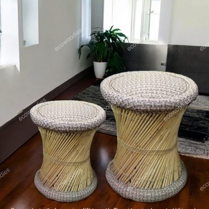 Tabouret moderne en bambou pouf pour l'intérieur et l'extérieur, repose-pieds relaxants faits à la main, console incrustée d'os pour hôtels, jardin Mudha - Product Image 4